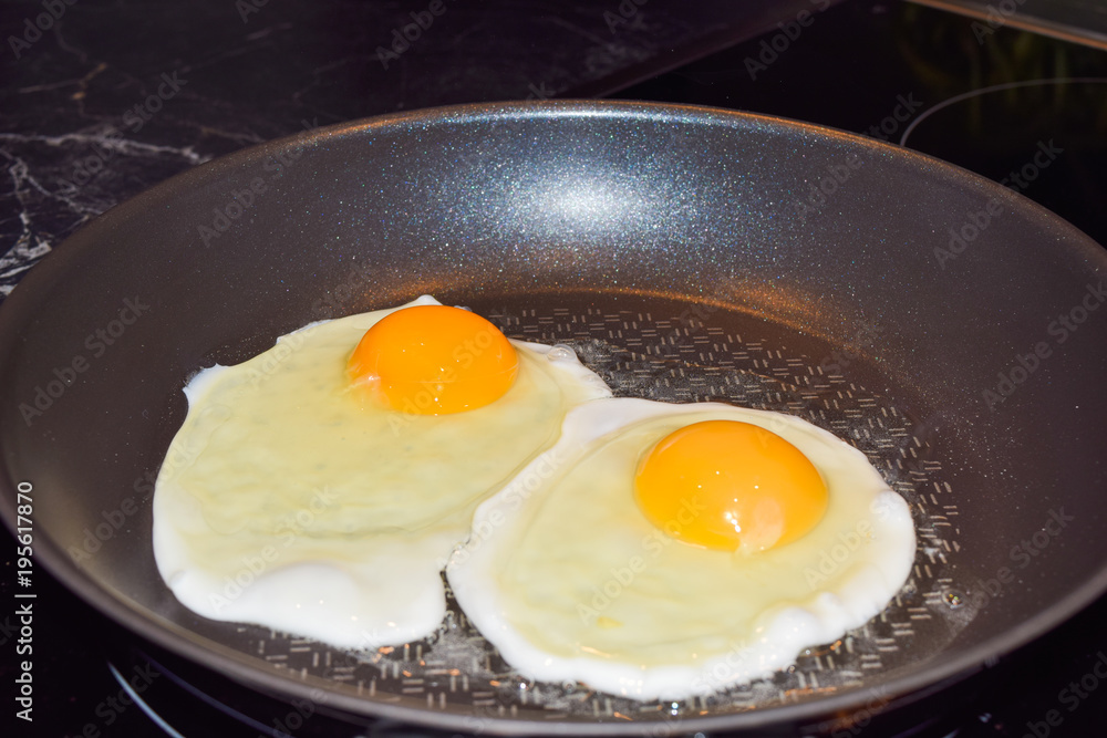 Two fried eggs in a pan, sunny side up fried eggs for breakfast Two fried eggs in a pan, sunny side up fried eggs for breakfast