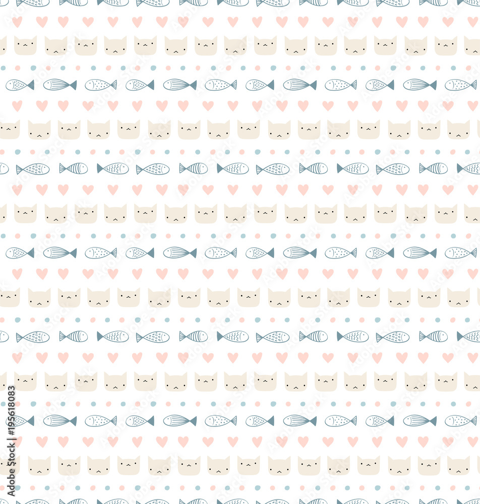 Cute hand drawn seamless vector pattern with funny cat faces, fish, hearts, on a white background. Scandinavian design style. Concept for kids textile print, wallpaper, wrapping paper. Cute hand drawn seamless vector pattern with funny cat faces, fish, hearts, on a white background. Scandinavian design style. Concept for kids textile print, wallpaper, wrapping paper.