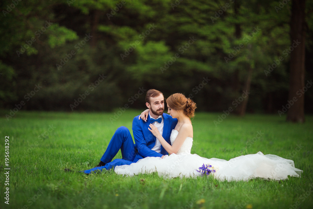 The bride and groom sitting on the grass. A wedding in the summer. The bride and groom sitting on the grass. A wedding in the summer.