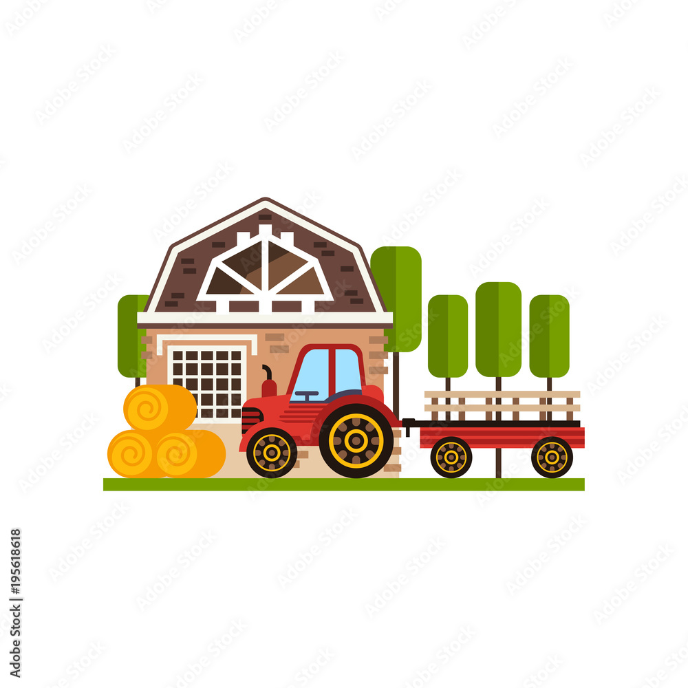 Naklejka premium Rural cottage and tractor, farm building, countryside construction vector Illustrations on a white background