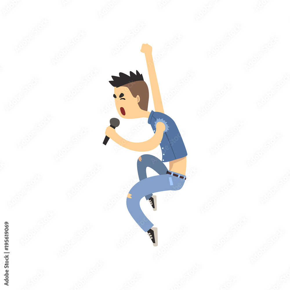 Teenager singer sing in microphone. Vocalist of rock or metal band. Funny  guy in denim vest and pants. Cartoon character of young musician. Colorful  flat vector design Stock Vector | Adobe Stock