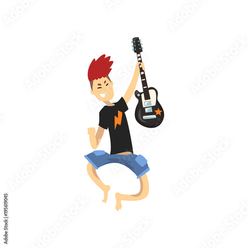 Young guitarist of rock band in jumping action. Guy with crazy hair wearing blue shorts and black t-shirt. Cartoon kid character with electric guitar. Flat vector design