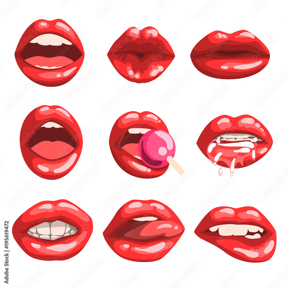 Obraz premium Red glossy lips set, girls mouth with red lipstick makeup expressing different emotions vector Illustrations on a white background