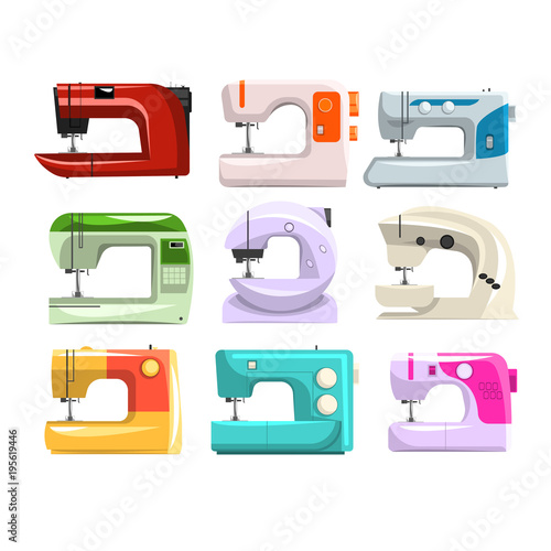Sewing machine set, modern machine in different colors vector Illustrations on a white background