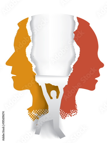 Divorce couple love triangle.
Young man and woman silhouette and male silhouette ripped paper. Concept for relationship of three people. Vector available.
