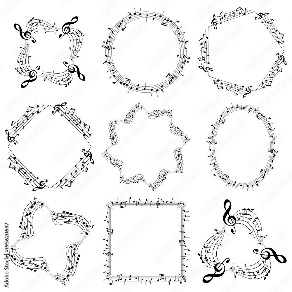 Naklejka premium vector decorative music frames with notes - oval square round