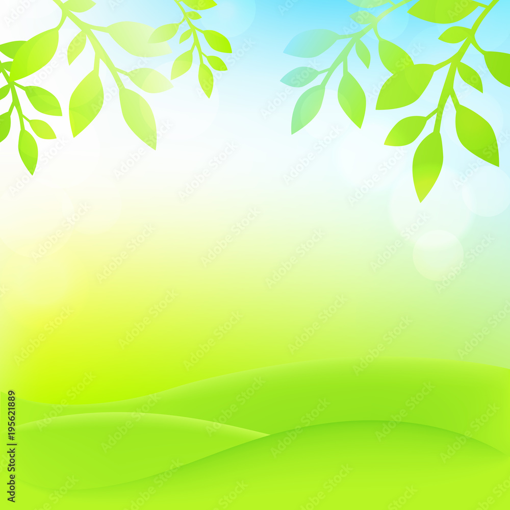 Nature background with grass, leaves and sky. Vector illustration.