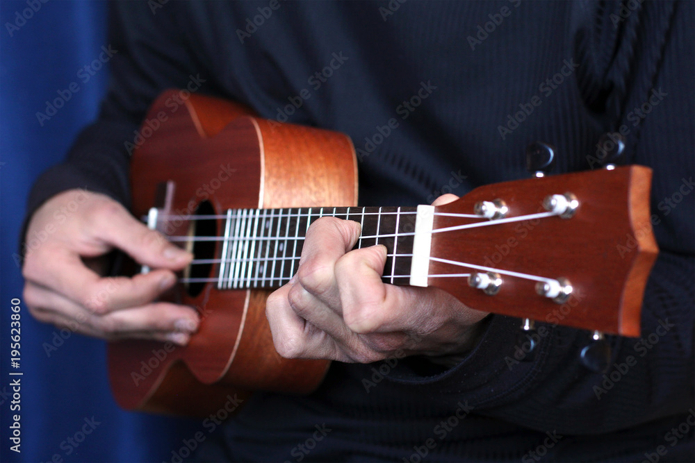 musician plays on ukulele, small depth of field