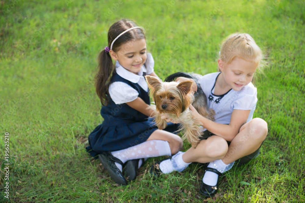 Two girls playing with a dog on the green lawn Two girls playing with a dog on the green lawn
