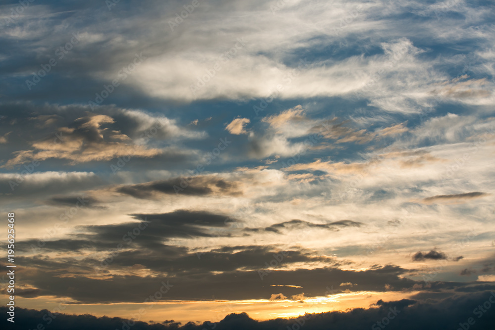 Beautiful sky with clouds and sun. Sunset sky with clouds.