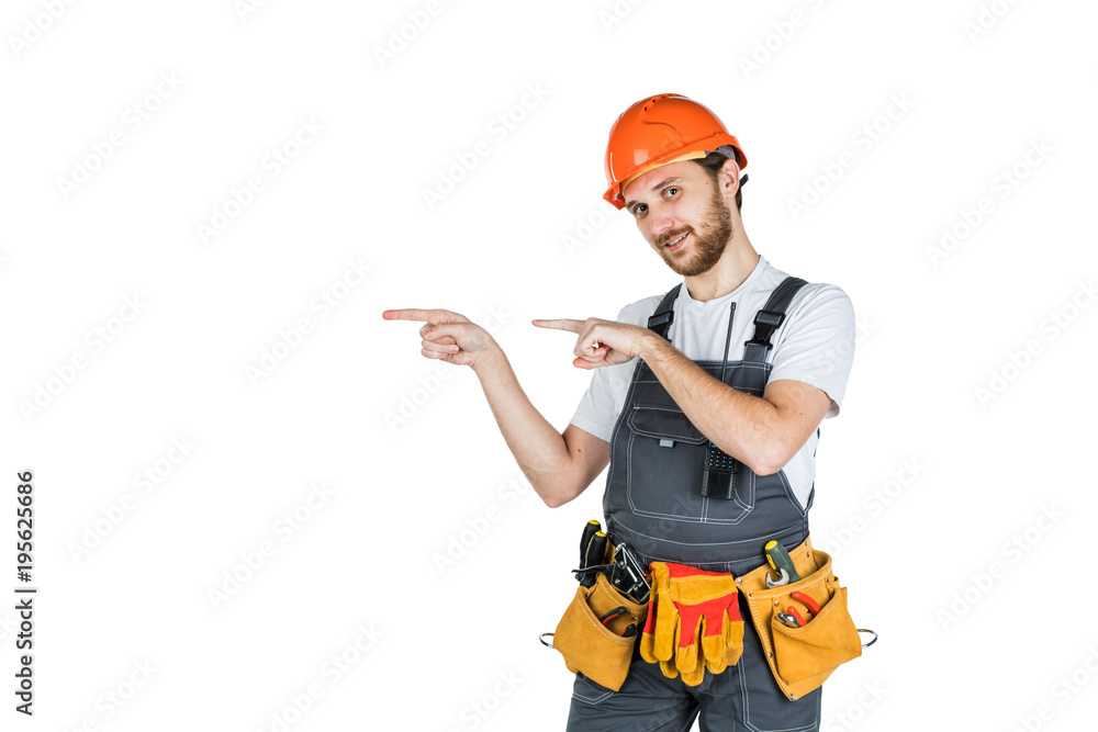 The man builder shows something. Isolated over white background. The man builder shows something. Isolated over white background.