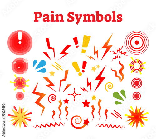 Pain symbols, vector illustration with damage, crash and ache signs. 