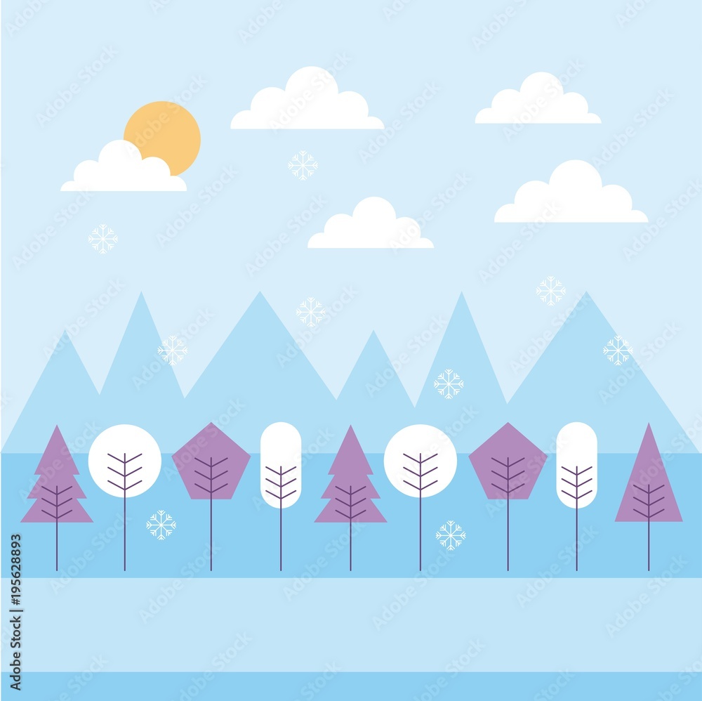 winter landscape snowfall mountains trees sky vector illustration