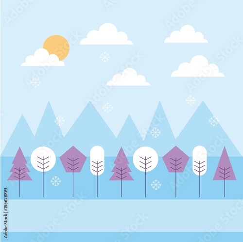 Fototapeta Naklejka Na Ścianę i Meble -  winter landscape snowfall mountains trees sky vector illustration