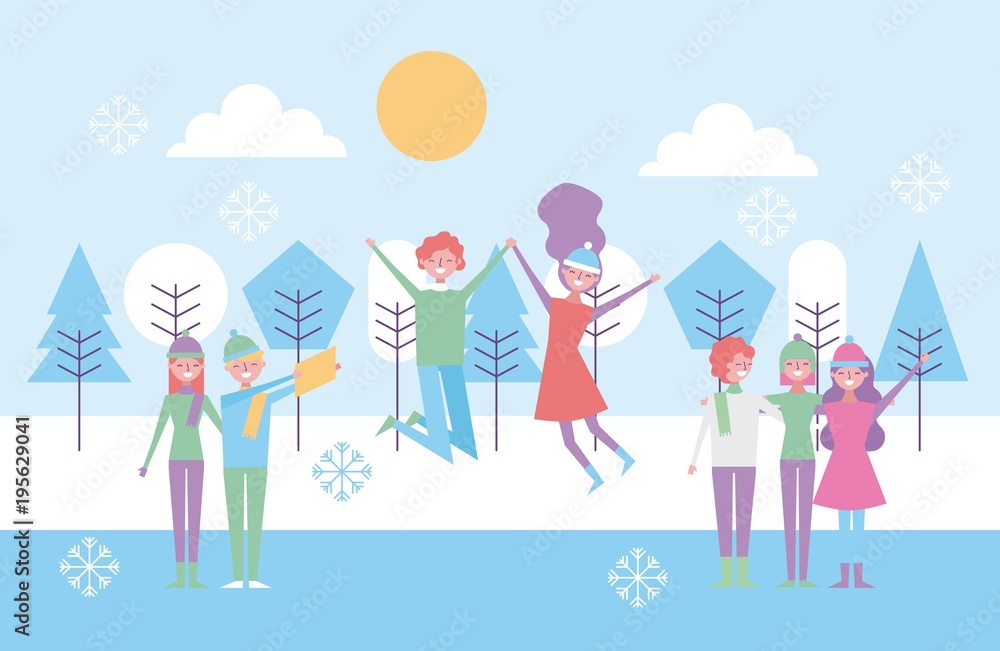 smiling people jumping happy in winter season vector illustration