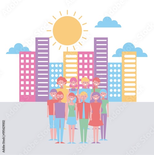 cartoon group of young people in the city heaven background vector illustration
