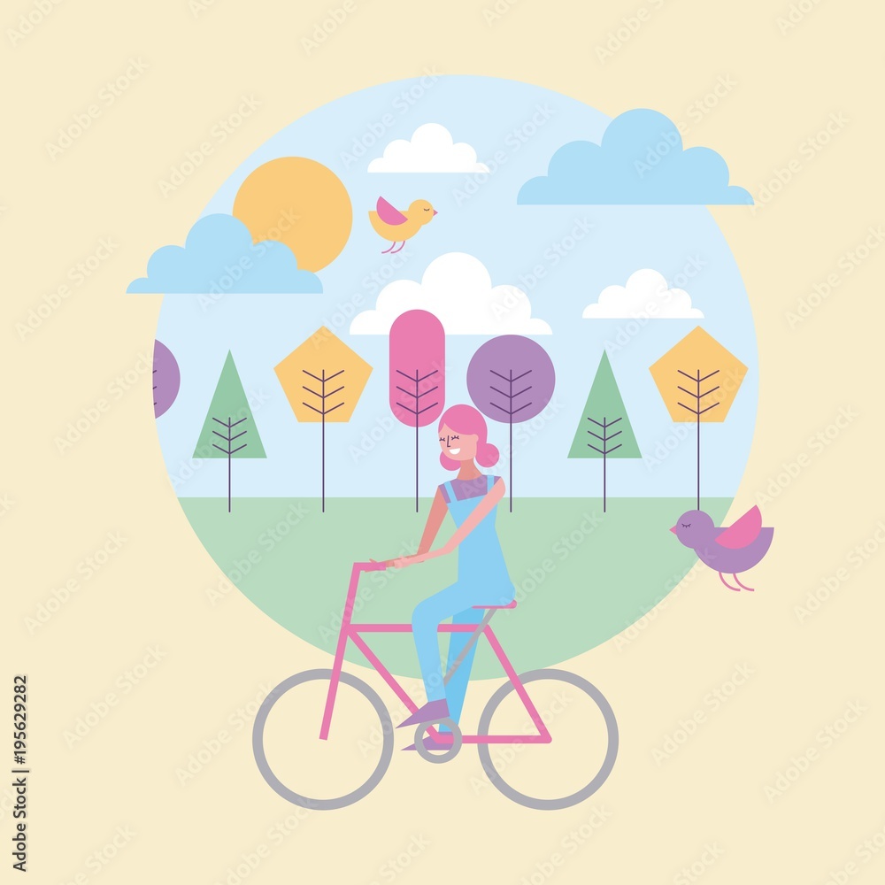 happy woman riding in bike with spring landscape and birds vector illustration happy woman riding in bike with spring landscape and birds vector illustration