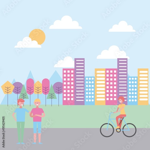 people riding bike and standing in street with buildings city vector illustration