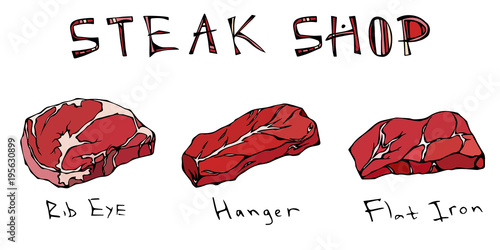 Most Popular Steak Types Set. Beef Cuts. Top Meat Guide for Butcher Shop or Steak House Restaurant Menu. Hand Drawn Vector Illustration. Savoyar Doodle Style. Rib Eye, Hanger, Flat Iron.