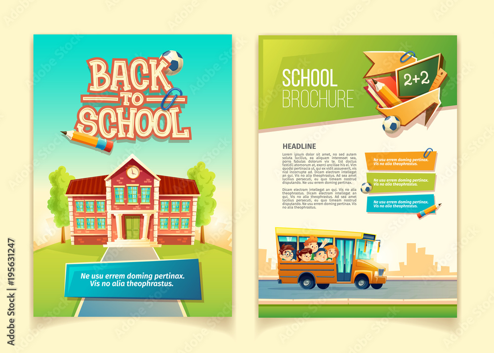Back to school brochure vector cartoon template, educational leaflet with happy kids, riding on yellow schoolbus. Colorful cover or page for book, ready flyer for print with infographic elements Back to school brochure vector cartoon template, educational leaflet with happy kids, riding on yellow schoolbus. Colorful cover or page for book, ready flyer for print with infographic elements