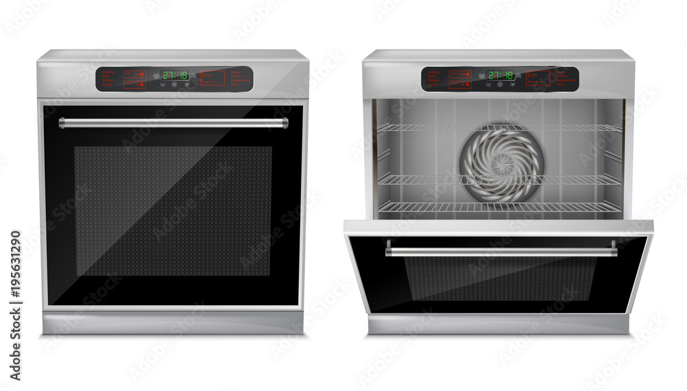 Vector 3d realistic compact oven with touch menu, with pre-set cooking programs, with open and close door, front view isolated on background. Built-in household appliance, modern multifunction stove Vector 3d realistic compact oven with touch menu, with pre-set cooking programs, with open and close door, front view isolated on background. Built-in household appliance, modern multifunction stove