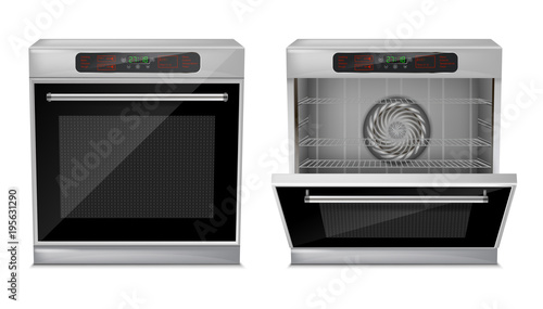 Vector 3d realistic compact oven with touch menu, with pre-set cooking programs, with open and close door, front view isolated on background. Built-in household appliance, modern multifunction stove