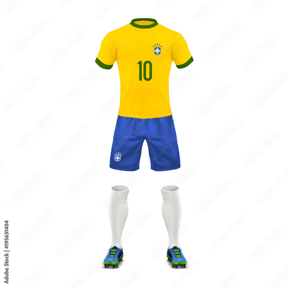 Vector realistic soccer uniform of a Brazil team, set of sports wear, shirt,  shorts, socks and