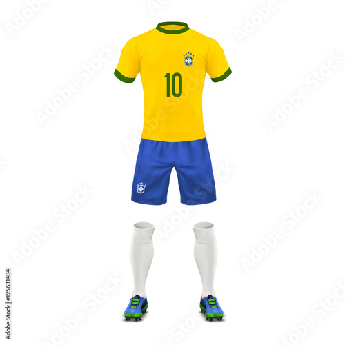 Vector realistic soccer uniform of a Brazil team, set of sports wear, shirt, shorts, socks and boots, isolated on background. Mockup of Brazilian football outfit in colors of national flag, front view