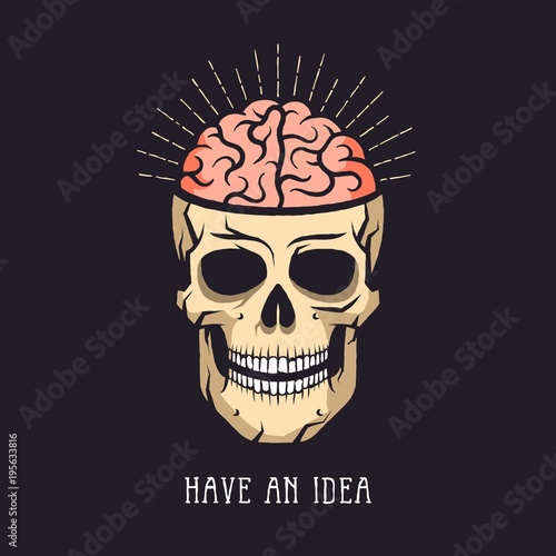 Skull with brain and rays on dark background