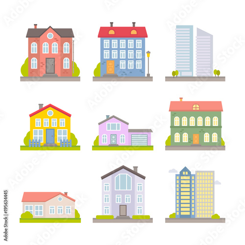 Collection of vector flat colorful city and rural houses for web design and illustration
