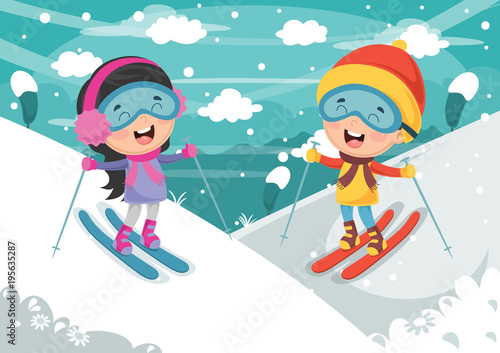 Vector Illustration Of Kids Skiing