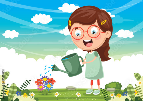 Vector Illustration Of Kid Watering Flowers