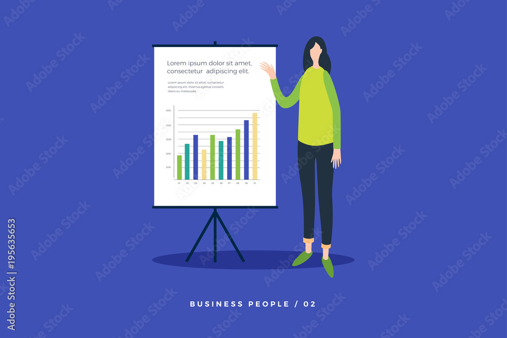 Concept of business training, seminars, and trainings. Young woman near presentation board shows growing chart. Vector flat illustration for website, presentation and promotional materials. Concept of business training, seminars, and trainings. Young woman near presentation board shows growing chart. Vector flat illustration for website, presentation and promotional materials.