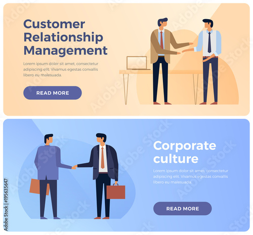Banners on theme of business, corporate culture and customer relationship management. Businessmen shake hands. Flat vector illustration.
