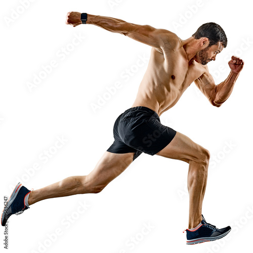 one caucasian man runner jogger running jogging isolated on white background with shadows