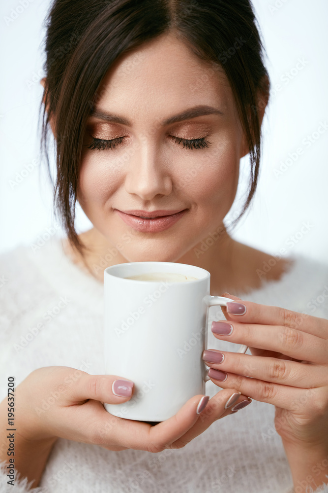 Coffee Drink. Beautiful Female Holding Cup With Hot Drink. Coffee Drink. Beautiful Female Holding Cup With Hot Drink.