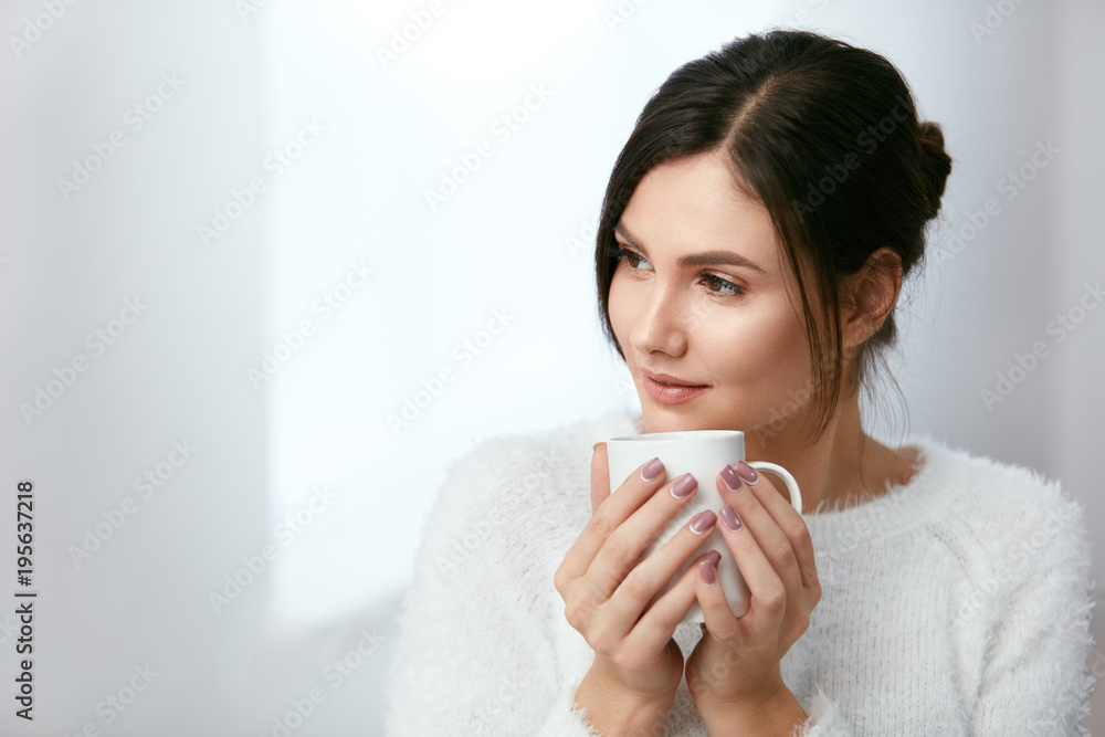 Drink. Beautiful Woman Drinking Tea From Cup Drink. Beautiful Woman Drinking Tea From Cup