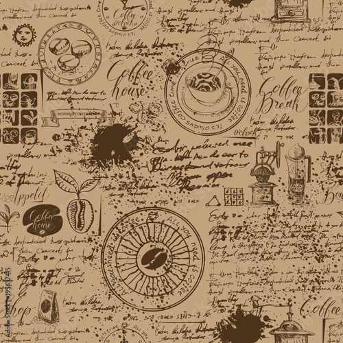 Vector seamless pattern on the coffee theme with a various coffee symbols, blots and inscriptions on a background of old manuscript in retro style. Can be used as wallpaper or wrapping paper