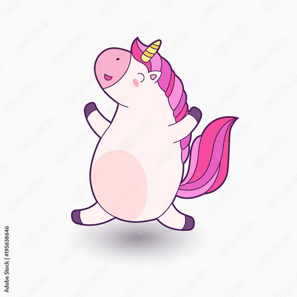 Fototapeta premium Cute cartoon unicorn. Vector illustration. Funny unicorn happily jumping and smiling