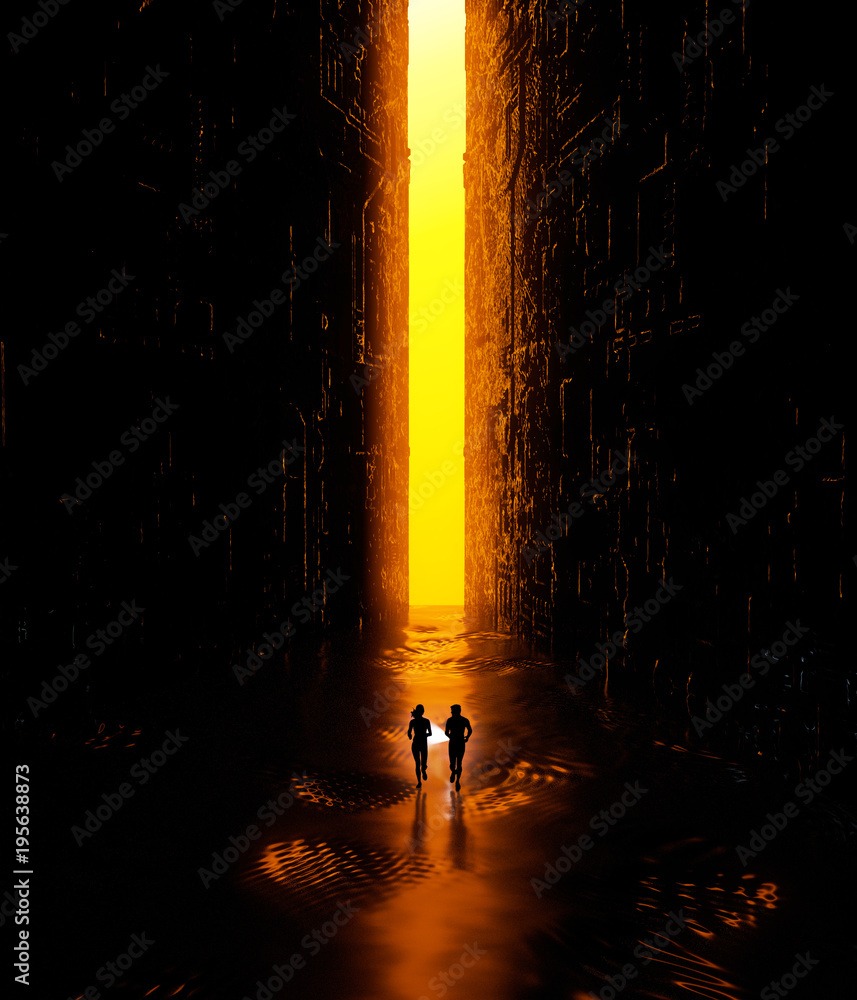 Paesaggio fantasy, fessura, oscurità, luce, sole, persone che corrono con una torcia in mano in un paesaggio fantascientifico, grande portale luminoso Paesaggio fantasy, fessura, oscurità, luce, sole, persone che corrono con una torcia in mano in un paesaggio fantascientifico, grande portale luminoso