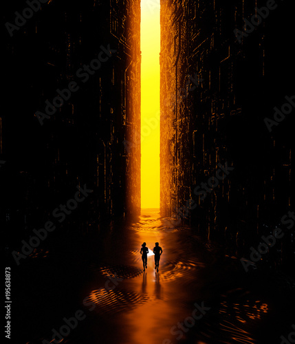 Paesaggio fantasy, fessura, oscurità, luce, sole, persone che corrono con una torcia in mano in un paesaggio fantascientifico, grande portale luminoso photo