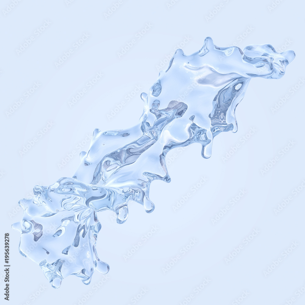 Fresh pure blue water splash. Clean transparent water, liquid fluid wave in translucent splashes form isolated on blue background. Healthy drink splash advertising design element. 3D illustration