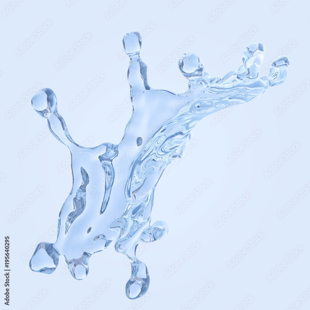 Fresh pure blue water splash. Clean transparent water, liquid fluid wave in translucent splashes form isolated on blue background. Healthy drink splash advertising design element. 3D illustration Fresh pure blue water splash. Clean transparent water, liquid fluid wave in translucent splashes form isolated on blue background. Healthy drink splash advertising design element. 3D illustration