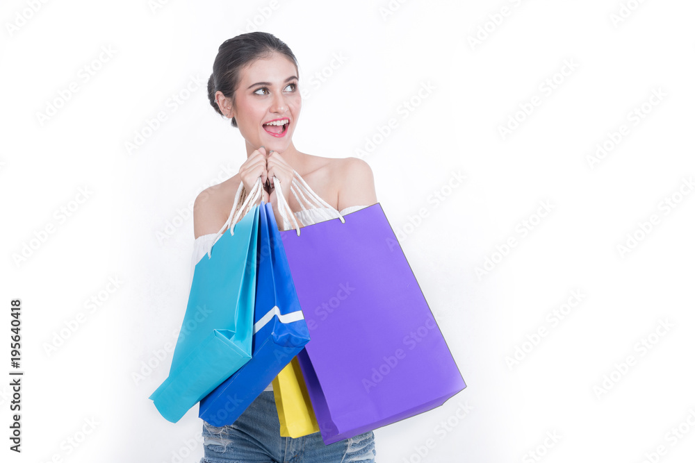 Beautiful woman with a lot of shopping bags isolated on white background.Lover Activity Happiness Lifestyle.Leisure Casual Commercial Shopping Purchase Concept.