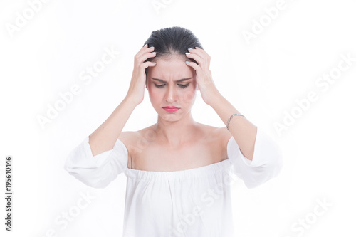 Portrait of Young woman seriously thinking isolated on white background.