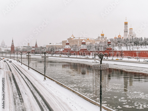 Beautiful winter view of Moscow Kremlin and Moskva river after heavy snowfall.