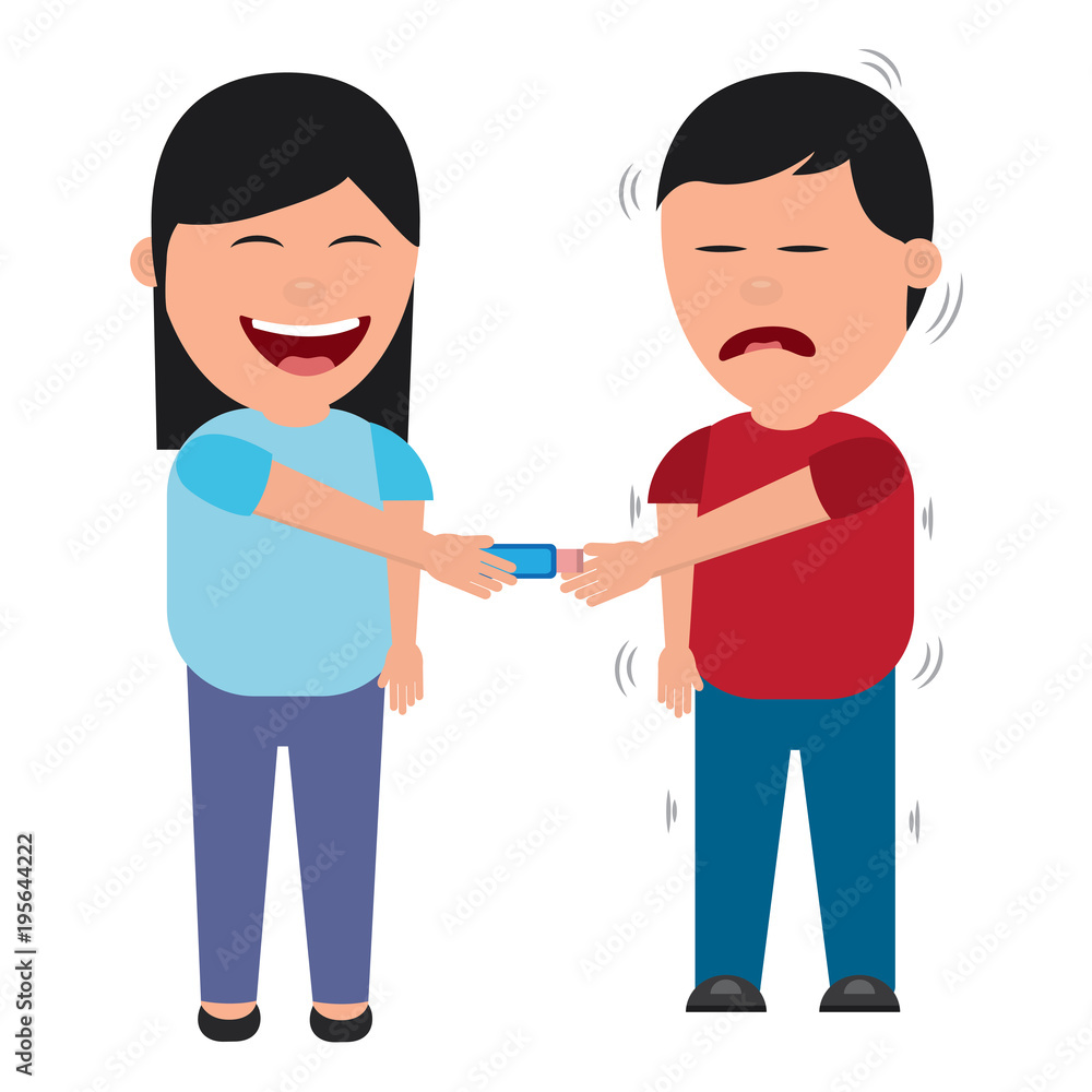 Obraz premium cartoon woman smiling and joke shocking man fools vector illustration