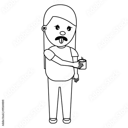 woman with tongue out holding up smells nasty vector illustration thin line image