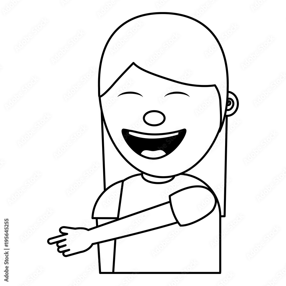 portrait laughing young woman pointing with finger something vector illustration thin line image