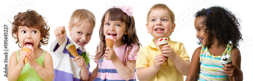 kids group eating ice cream isolated on white